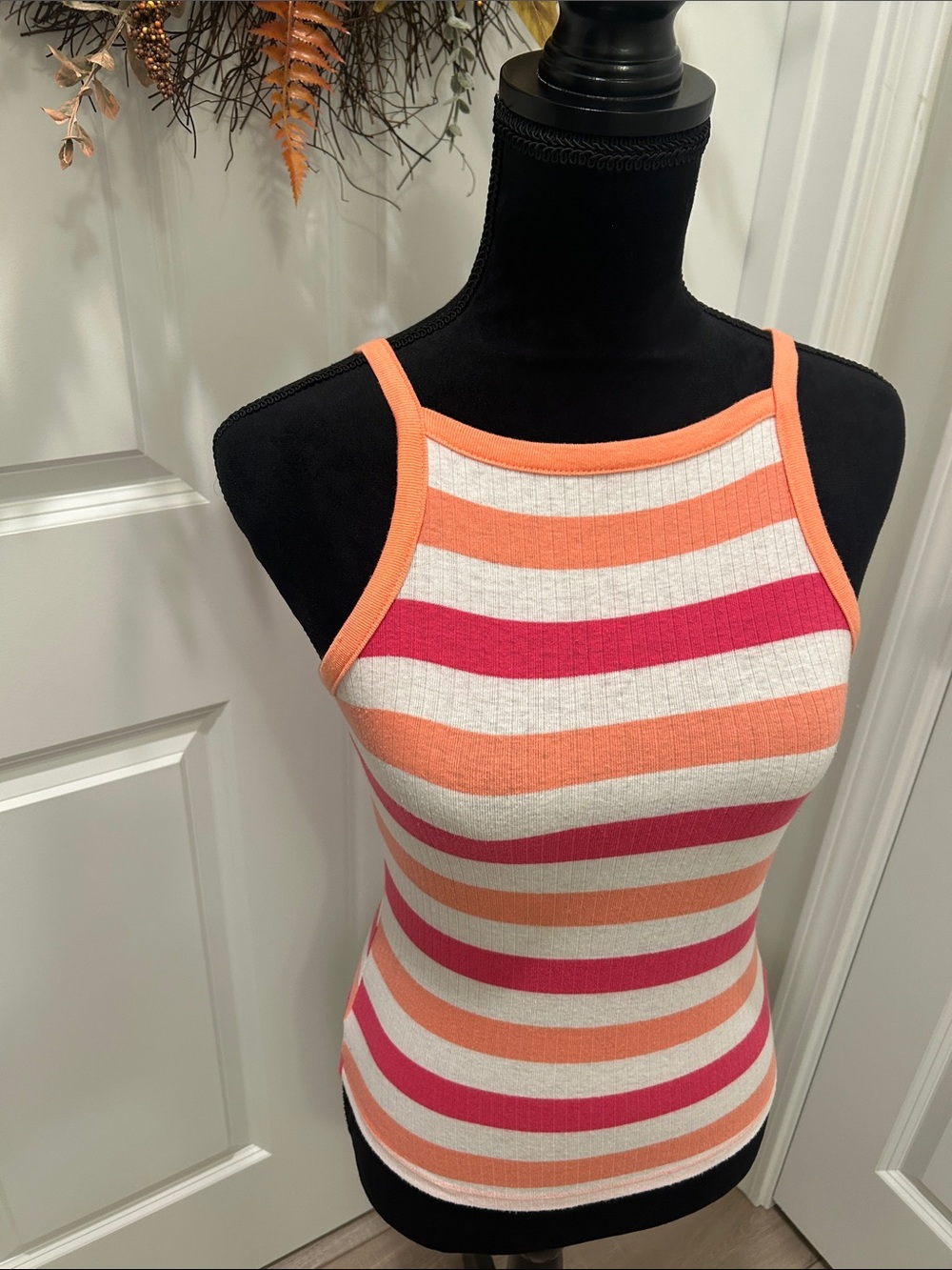 Ultra Flirt Women’s Striped Watermelon Pink, Orange & White Tank Top Size Small